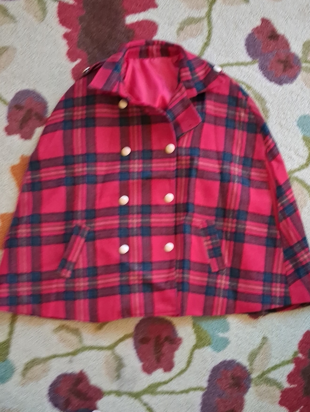Red Plaid Double-Breasted Cape Coat